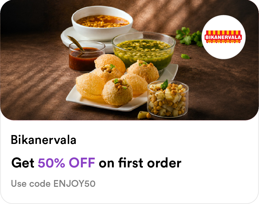 Bikanervala Food Smiles app offer: 50% off first order on authentic Indian street food snacks - use code ENJOY50