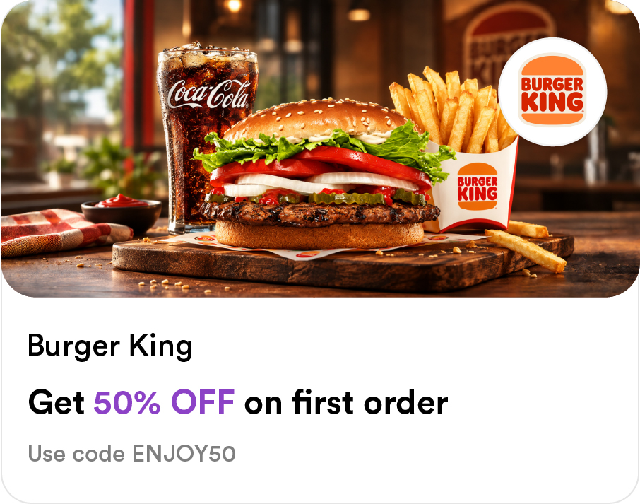 Burger King Food Smiles app offer: 50% off first order on burger, fries, and Coca-Cola combo - use code ENJOY50