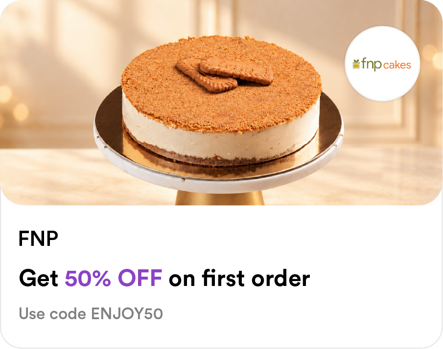 FNP Cakes Food Smiles app offer: 50% off first order on cake, desserts - use code ENJOY50