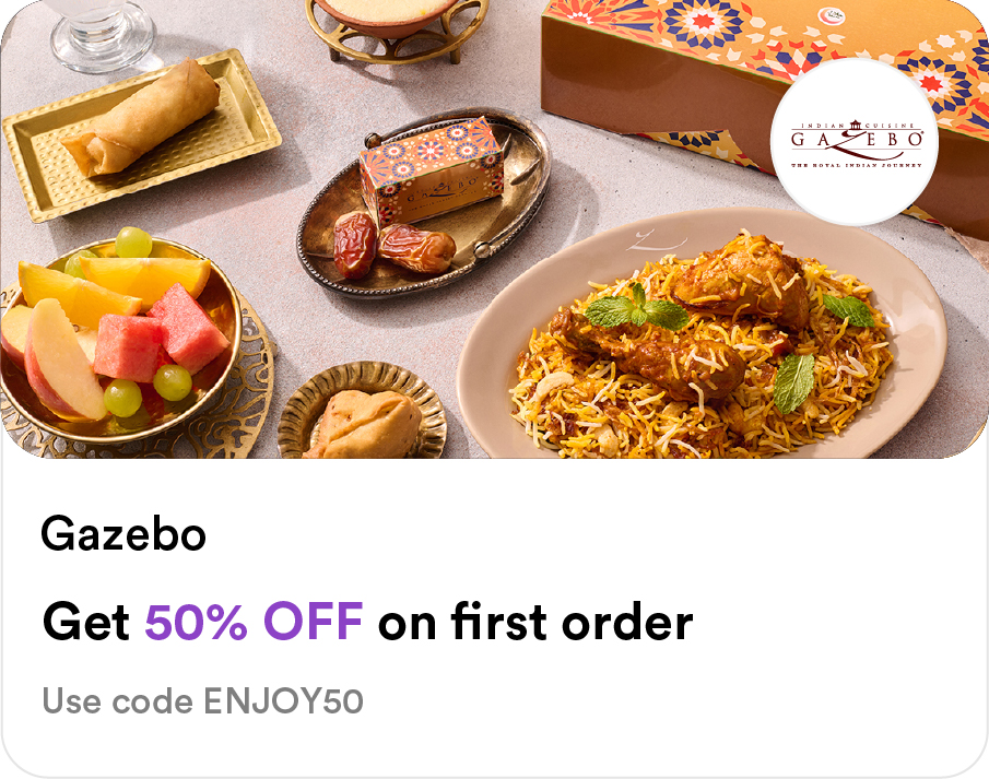 Gazebo Food Smiles app offer: 50% off first order on Indian chicken biryani and fresh fruit platter - use code ENJOY50