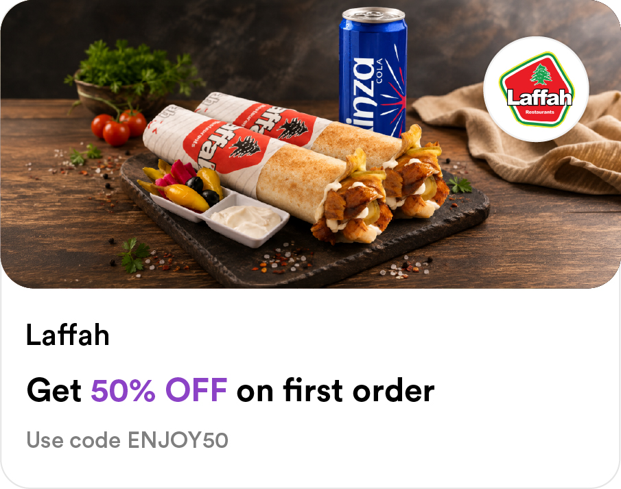 Laffah Food Smiles app offer: 50% off first order on grilled chicken wraps and soda - use code ENJOY50