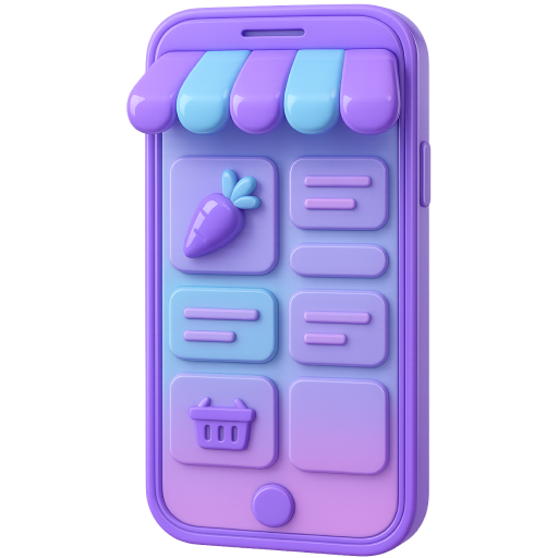 3D icon of a purple smartphone storefront illustrating a wide range of supermarket essentials, daily needs, and pharmacy items.
