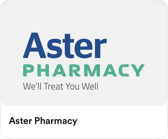 Aster Pharmacy logo highlighting partner pharmacies for online medicine delivery, health essentials, and medical discounts on the Smiles app in the UAE.