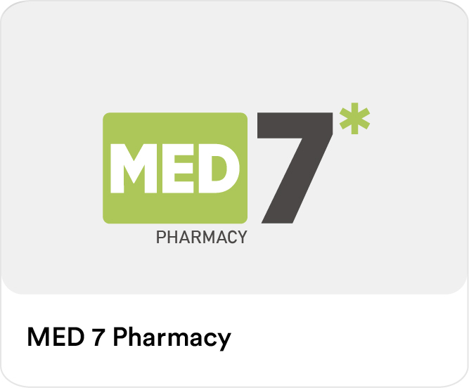 Med7 Pharmacy logo highlighting partner pharmacies for online medicine delivery, health essentials, and medical discounts on the Smiles app in the UAE.