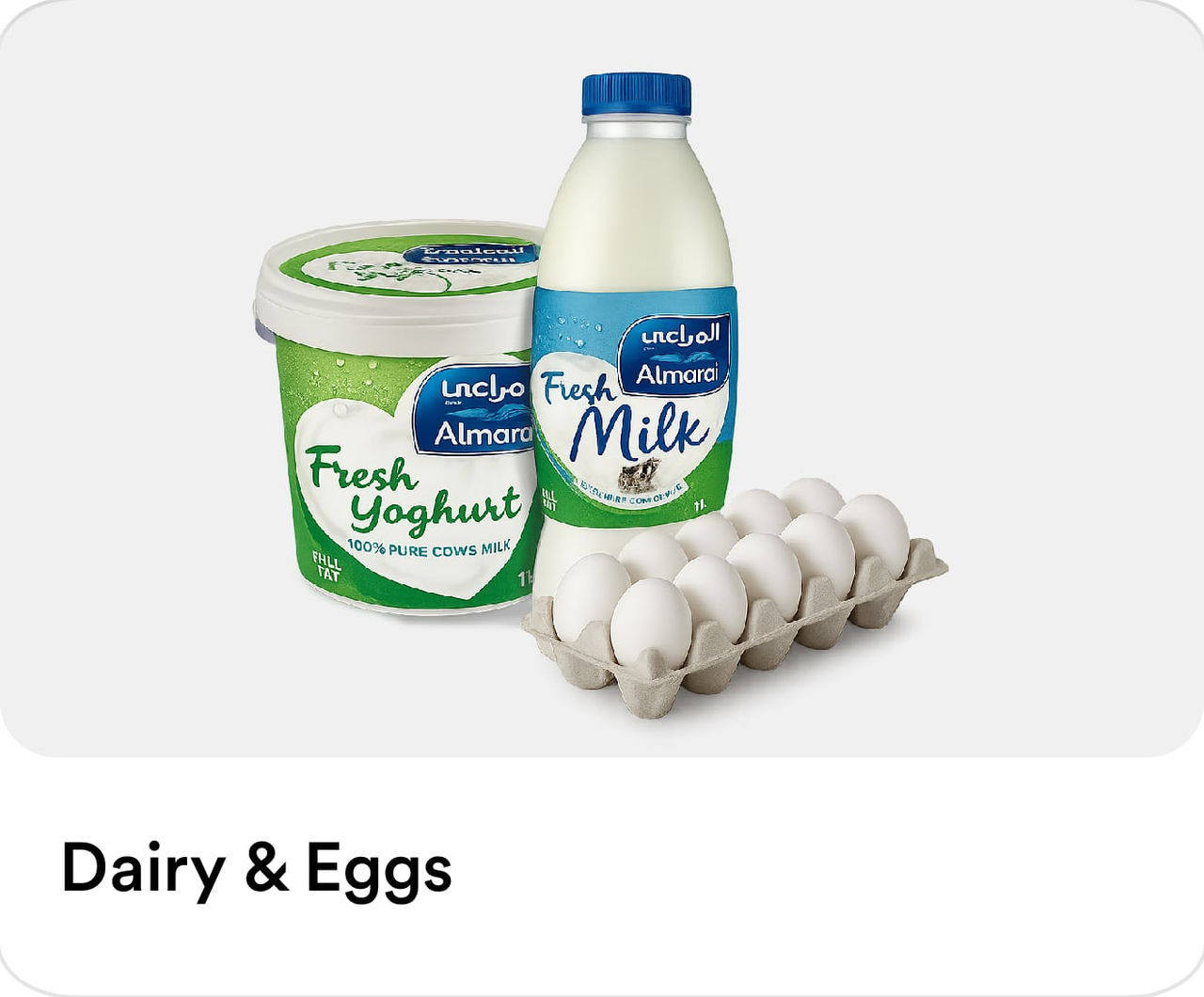 Fresh Diary & Eggs from the supermarket marketplace highlighting online grocery delivery options and supermarket discounts on the Smiles app in the UAE.