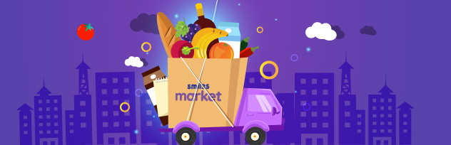 Digital vector illustration of a purple Smiles Market delivery truck carrying a shopping bag filled with fresh fruits and food supplies across a city landscape.