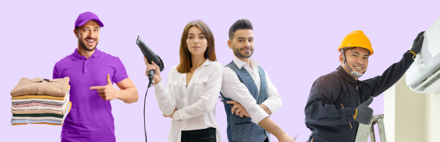  Laundry courier, mobile hairstylist, businessman, and AC maintenance technician standing together to highlight professional home services in the UAE on the Smiles app.