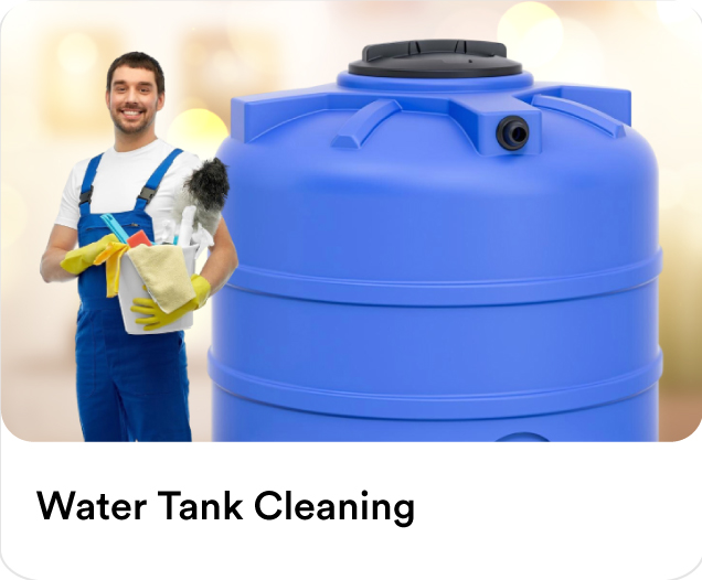 Smiling maintenance technician holding cleaning tools next to a large blue plastic container showcasing professional water tank cleaning services in Dubai.