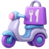 3D icon of a purple delivery scooter showcasing zero delivery fees and unlimited free food delivery and grocery delivery services.