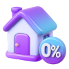 3D house icon with a zero percent tag illustrating service fee waivers on professional home cleaning and home maintenance services.